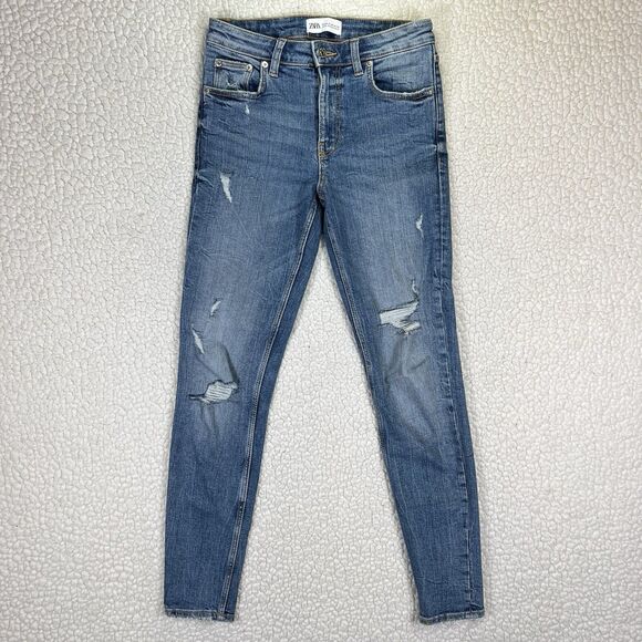 Zara Jeans Women’s Size 2 (Actual 26x28) Blue Skinny Mid Rise Distressed - Picture 2 of 10